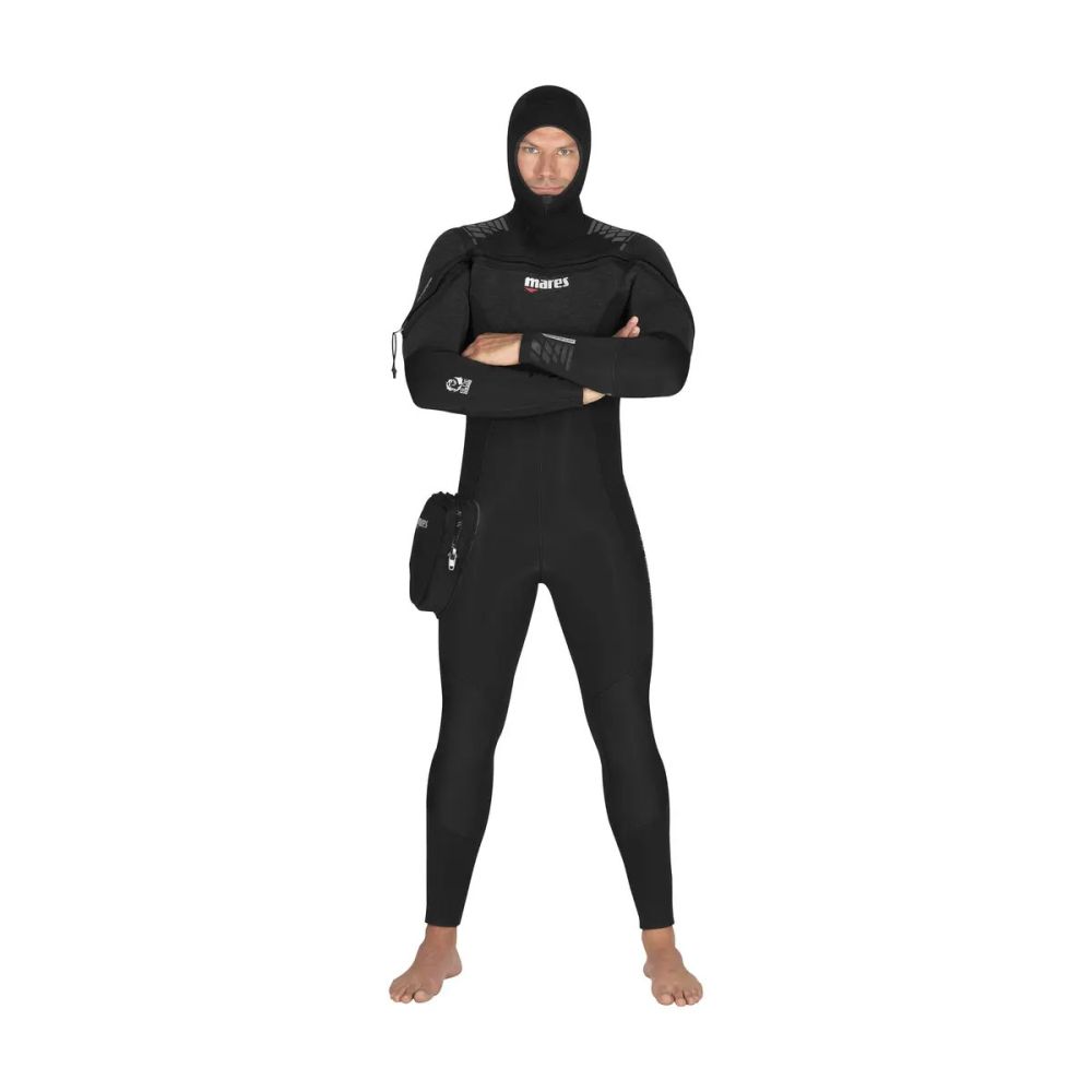 Person wearing a black wetsuit with a hood on a white background