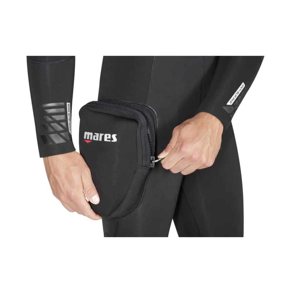 Person wearing a black wetsuit with a Mares pocket on a white background